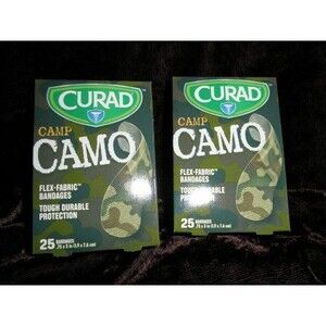 NEW (LOT OF 2 PACKAGES) CURAD CAMP CAMO FLEX-FABRIC (50) BANDAGES,DURABLE,TOUGH